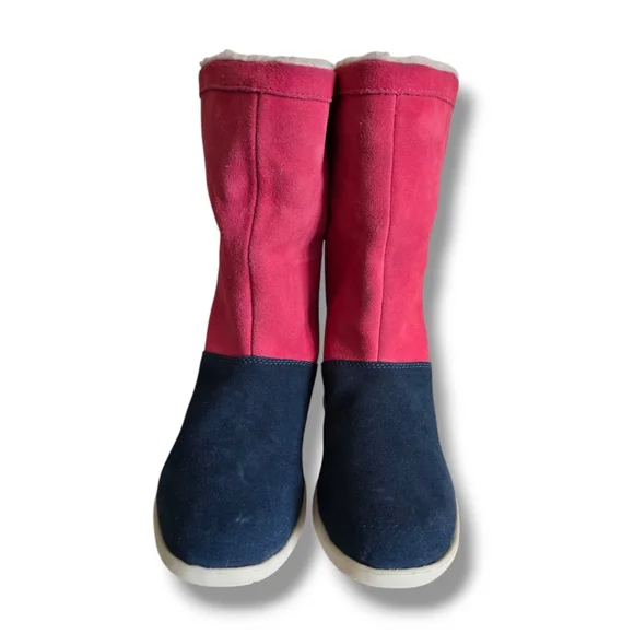 CROCS Women's Adela Foldover Fuzz Suede Booties Pink Poppy/Yellow Stucco/Navy - Picture 3 of 16